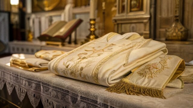 Carefully folded embroidered liturgical vestments on a church altar with intricate gold thread details.