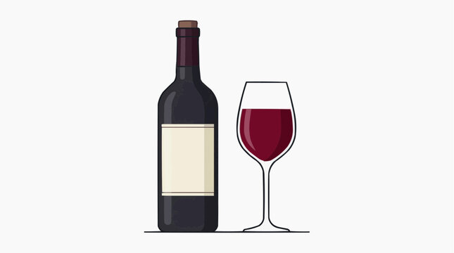 A dark red wine bottle with a blank label and a full wine glass of red wine on a white background