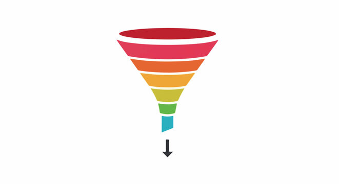 A colorful, layered funnel icon with a downward-pointing arrow