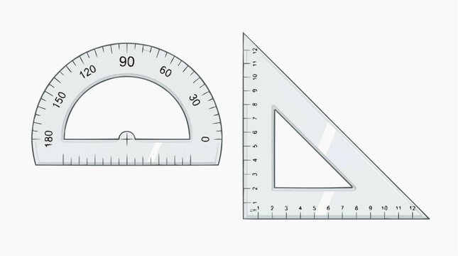Transparent protractor and triangle ruler with measurement markings for geometry and education on a white background