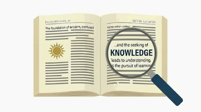 Open encyclopedia book with magnifying glass focusing on the word knowledge and sun symbol representing wisdom and learning