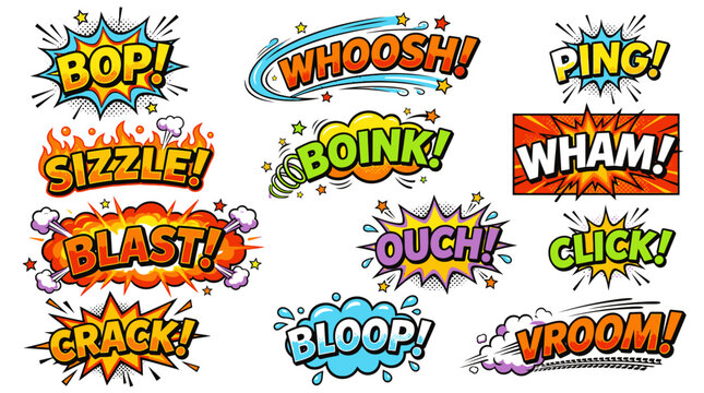 Motion themed comic sound effect bubbles and stickers.