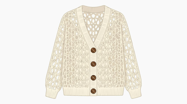 Cream colored open knit crochet cardigan with brown buttons and a v-neckline, isolated on white background