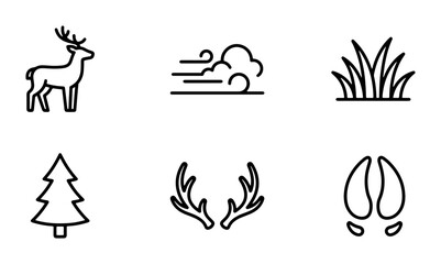 Fototapeta premium Deer, Wind, Grass, Tree, Antlers, Hoofprints: Minimalist Nature Icons Set
