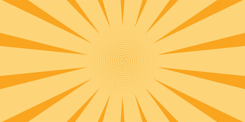 Fototapeta premium Orange stripes burst lines background. Sun ray light. Radiate sunlight. Vintage stripes halftone radial wallpaper for poster, banner.Circus background of spiral yellow orange rays vector.