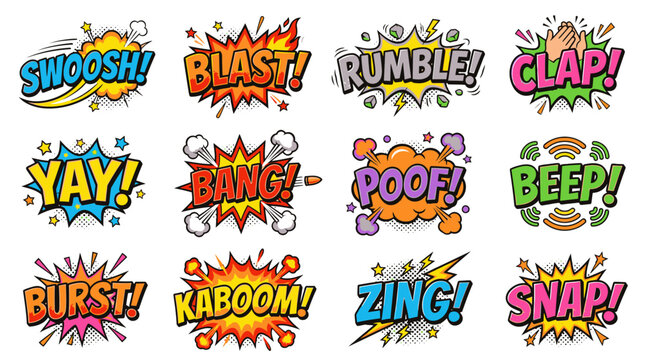 Multicolored comic book explosion sound effects collection