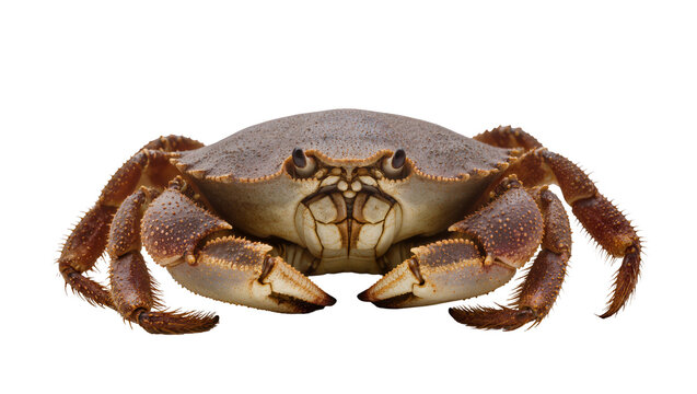 Brown crab with textured shell and spiky legs on white