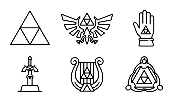 Fantasy Game Icons: Triforce, Master Sword, Hylian Shield, Triforce Hand, Harp, Goddess Symbols