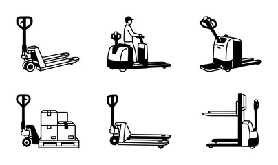 Pallet Jack Icons, Warehouse Equipment Vector Set, Forklift Truck Logistics Graphics © Hanif