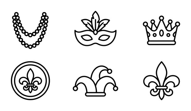 Mardi Gras Icons Set: Beads, Mask, Crown, Coin, Jester Hat, Fleur-de-lis