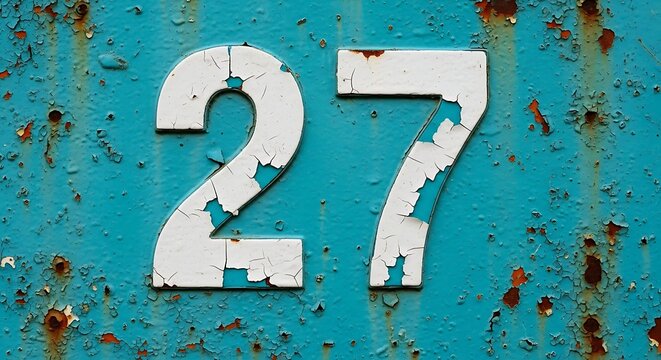 Weathered blue metal surface with peeling white paint revealing number 27