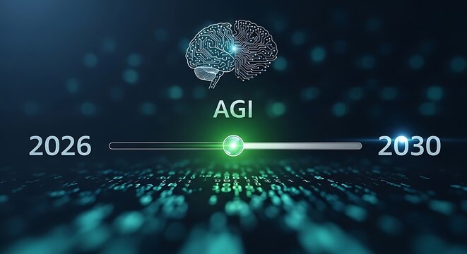 Digital brain representing artificial general intelligence with a progress slider moving towards 2030 on a dark background, with binary code