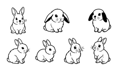 Fototapeta premium Cute Bunny Illustrations, Adorable Rabbit Vector Set, Whimsical Pet Graphics, Simple Line Art Animals