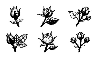 Fototapeta premium Black and White Rose Buds Vector Set, Vintage Floral Elements, Botanical Illustration Collection