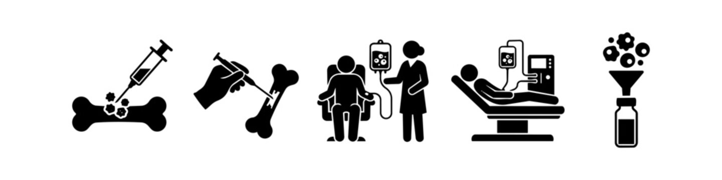 Medical infographic icons illustrating bone marrow transplant and stem cell therapy procedures, from cell extraction and processing to patient infusion for cancer and regenerative treatments.