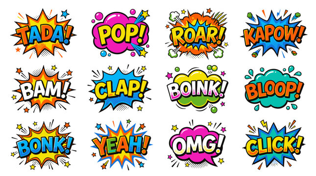 Set of colorful comic book onomatopoeia sound effect bubbles.