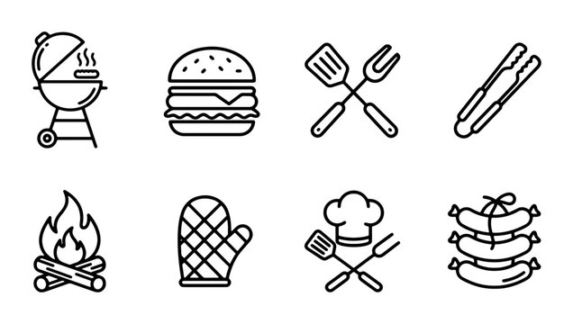 Barbecue Icons Set: Grill, Burger, Utensils, Sausages, Fire, Oven Mitt, Chef Hat, Tongs