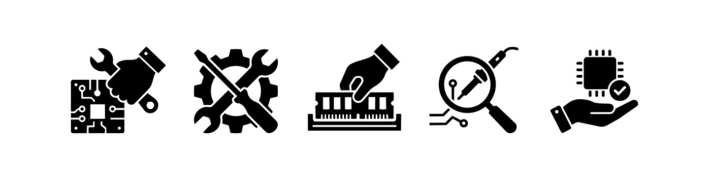 Set of computer repair and hardware maintenance icons. Concepts of electronic service, motherboard fixing, RAM upgrade, and technical support. Black silhouettes on white background.