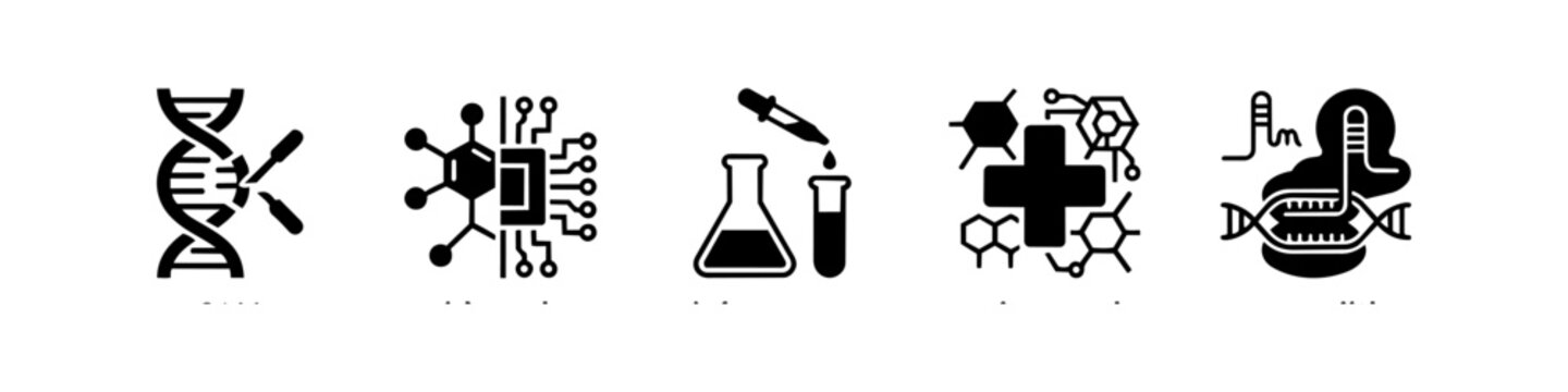 Set of five biotechnology icons depicting DNA editing, bioinformatics, laboratory research, medical chemistry, and genomics. Flat vector symbols for science and healthcare concepts.