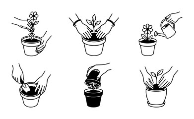 Gardening Icons Set: Planting, Watering, Potting Plants, Step-by-Step Growth Process © Saim
