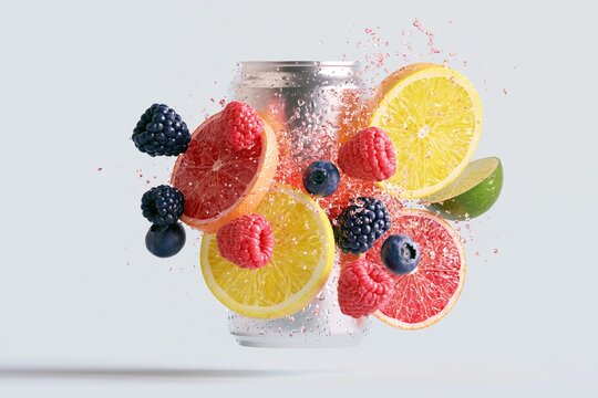 Photorealistic CGI product photography of a soft drink can surrounded by splashing fruits including lemon, lime, raspberry, blackberry, and blueberry on a light background