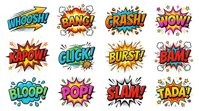 Set of colorful comic book sound effects and speech bubbles.