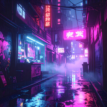 Cyberpunk alley with neon signs and rain at night