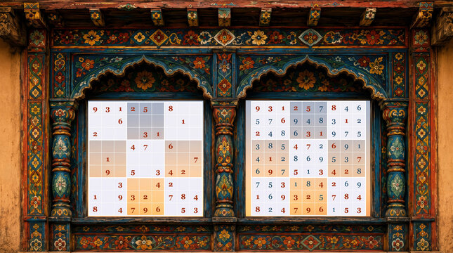 Traditional Indian style carved wooden window frame with sudoku logic puzzle.