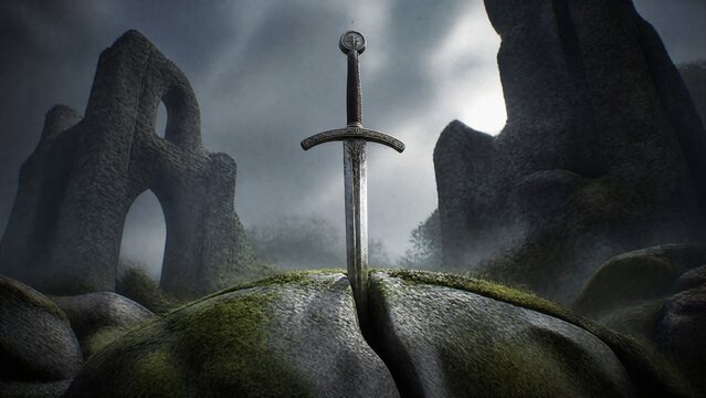 A medieval longsword thrust into a crack in mossy stone.