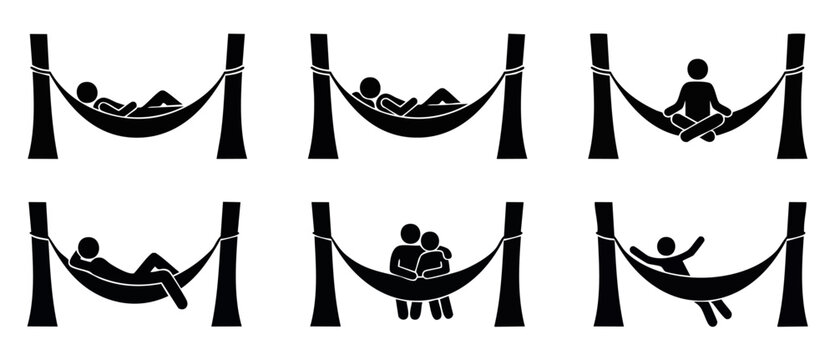 Hammock stick figure icon set showing people relaxing, sleeping, meditating, and sitting in hammocks between trees, minimalist black pictogram vector illustration pack for vacation and leisure concept