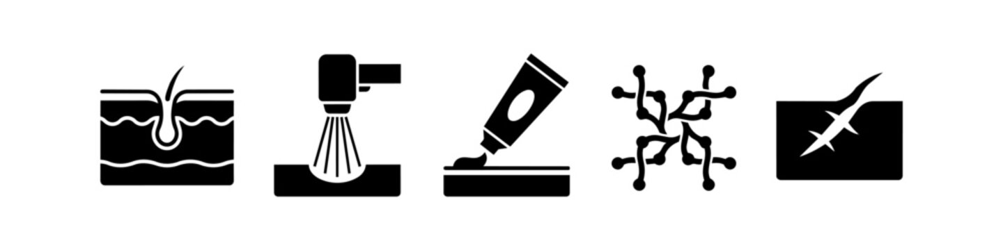 Set of professional dermatology and skincare icons. Features hair follicle, laser treatment, medical cream, molecular structure, and surgical sutures. Black vector on white background.