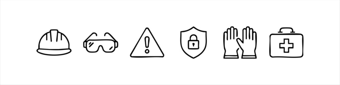 Hand-drawn minimalist safety icon set featuring a hard hat, goggles, warning sign, security shield, work gloves, and first aid kit. Ideal for industrial health and safety workplace manuals.