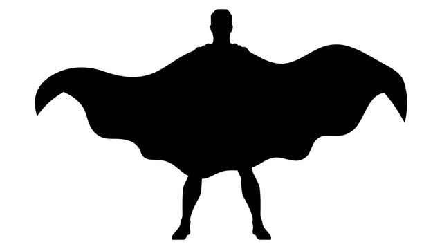 Black silhouette superhero with cape standing confidently isolated on transparent background, Vector