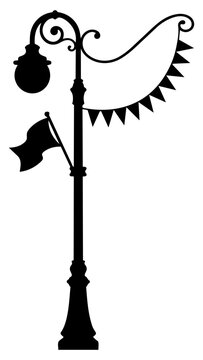 Black and white decorative street lamp with flags and bunting isolated on transparent background, Vector
