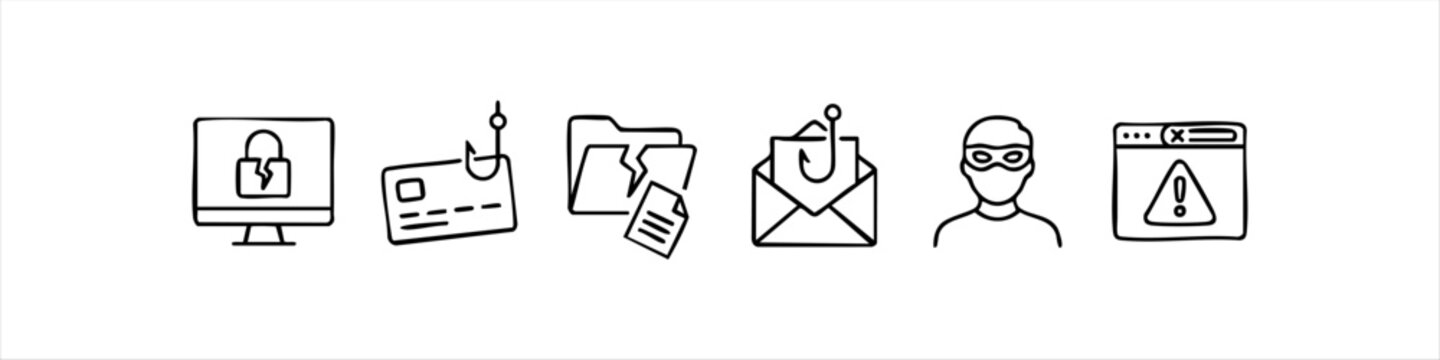 Hand-drawn cyber security doodle icons representing hacking, phishing, data breach, and online fraud. Set includes hacker, broken lock, fish hook on card/email, and warning alerts.