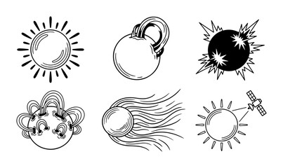 Cosmic Icons Set: Sun, Planet, Comet, Satellite, Celestial Objects Vector Graphics © Abbas