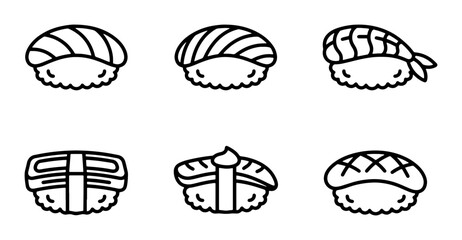 Cute Sushi Icons Set, Japanese Food Vector Graphics, Simple Nigiri & Maki Illustrations © Abbas