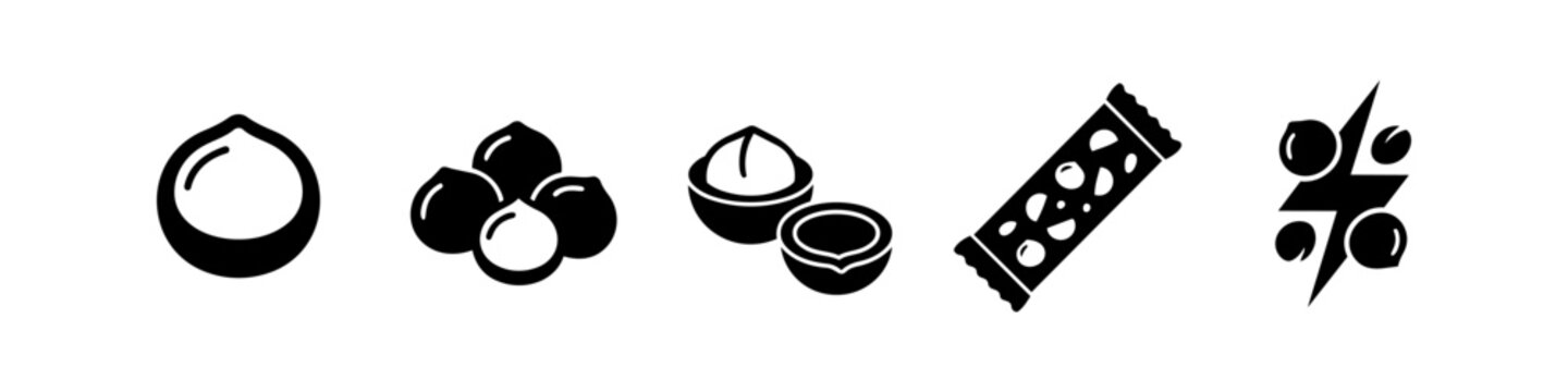Minimalist black macadamia nut icon set including whole nuts, halved shell, energy snack bar, and power symbol. Ideal for health, nutrition, and organic food branding.