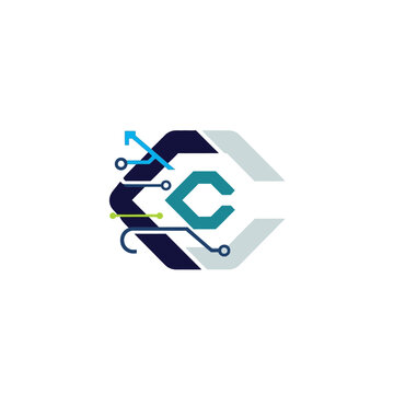Abstract hexagonal logo design featuring digital circuit and letter c for technology concept