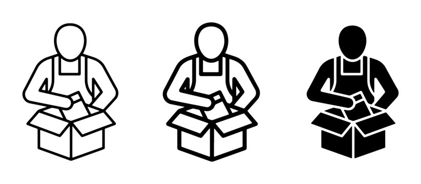 Packing Icon Set, Person Packaging Box, Shipping and Logistics Symbols, Warehouse Worker