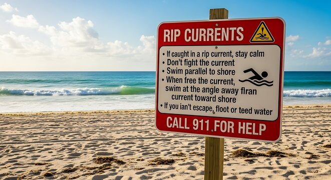 Warning sign on a sandy beach about rip currents, with ocean waves
