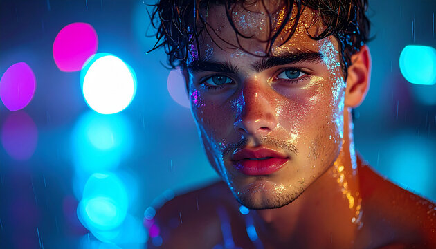 Close up of a sweaty man's face in neon city lights