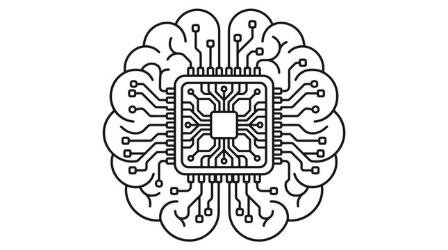 Central processing unit chip inside human brain line art.