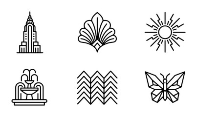Fototapeta premium Art Deco Icons Set: Chrysler Building, Fountain, Sun, Butterfly, Geometric Patterns, Vector Graphics