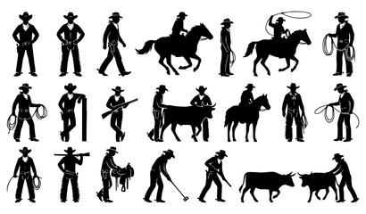 Fototapeta premium Monochrome cowboy silhouette collection with western frontier symbols