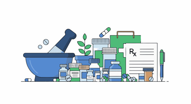 Pharmacy composition with mortar, pill bottles, plants, and Rx
