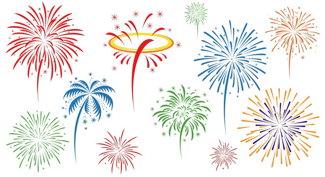 Colorful vector illustration of exploding fireworks bursts on a clean white background