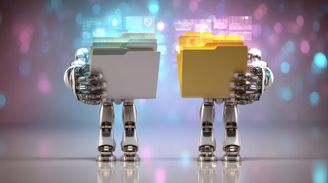 arm and human hand side by side, each cupping glowing silver folders, with digital shields above projecting glowing text, surrounded by floating transparent data bits and analytical graphs against 