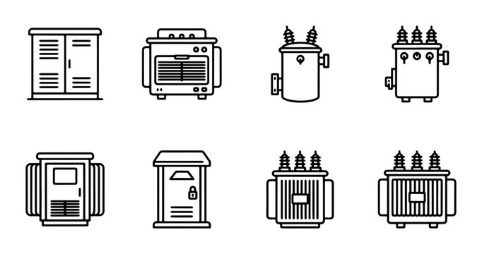 Electrical Transformer Icons, Power Distribution Units, Substation Equipment, Energy Infrastructure Vector Set