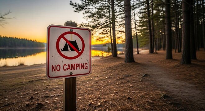 Warning sign prohibits tents near serene lake and forest path